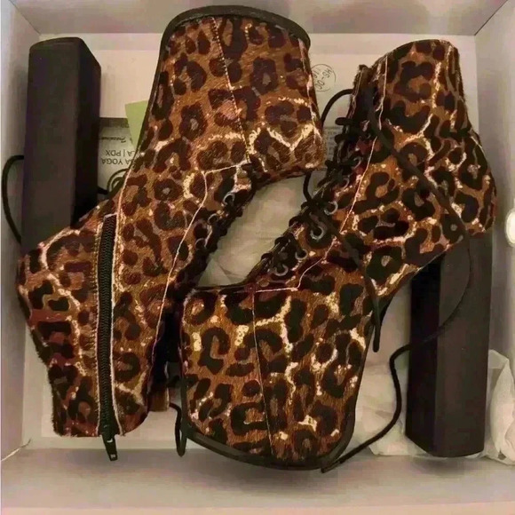 Jeffrey Campbell Womens Tan Leopard Print Lace-Up Platform Boots Size 7M - Picture 7 of 14